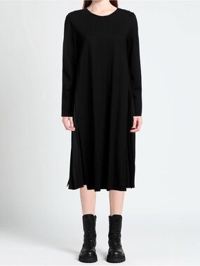 Long Sleeve Black Midi Dress with Clean Crew Neck